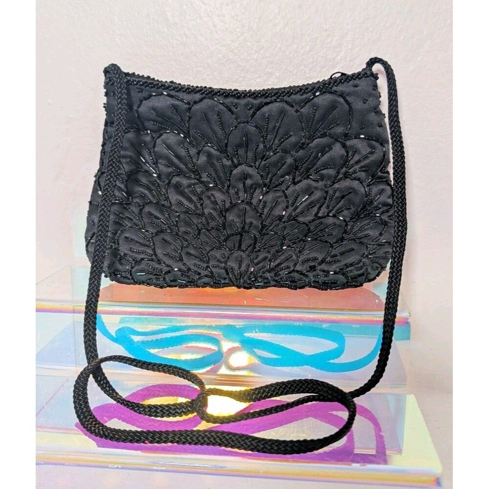 La Regale Black Beaded Evening Bag Floral Shoulder Purse Y2K Vintage